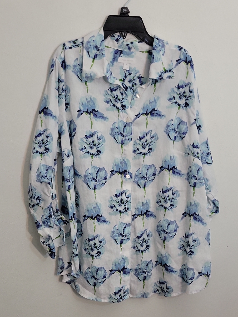 Charter Club White Button-Down Shirt with Blue Floral Print